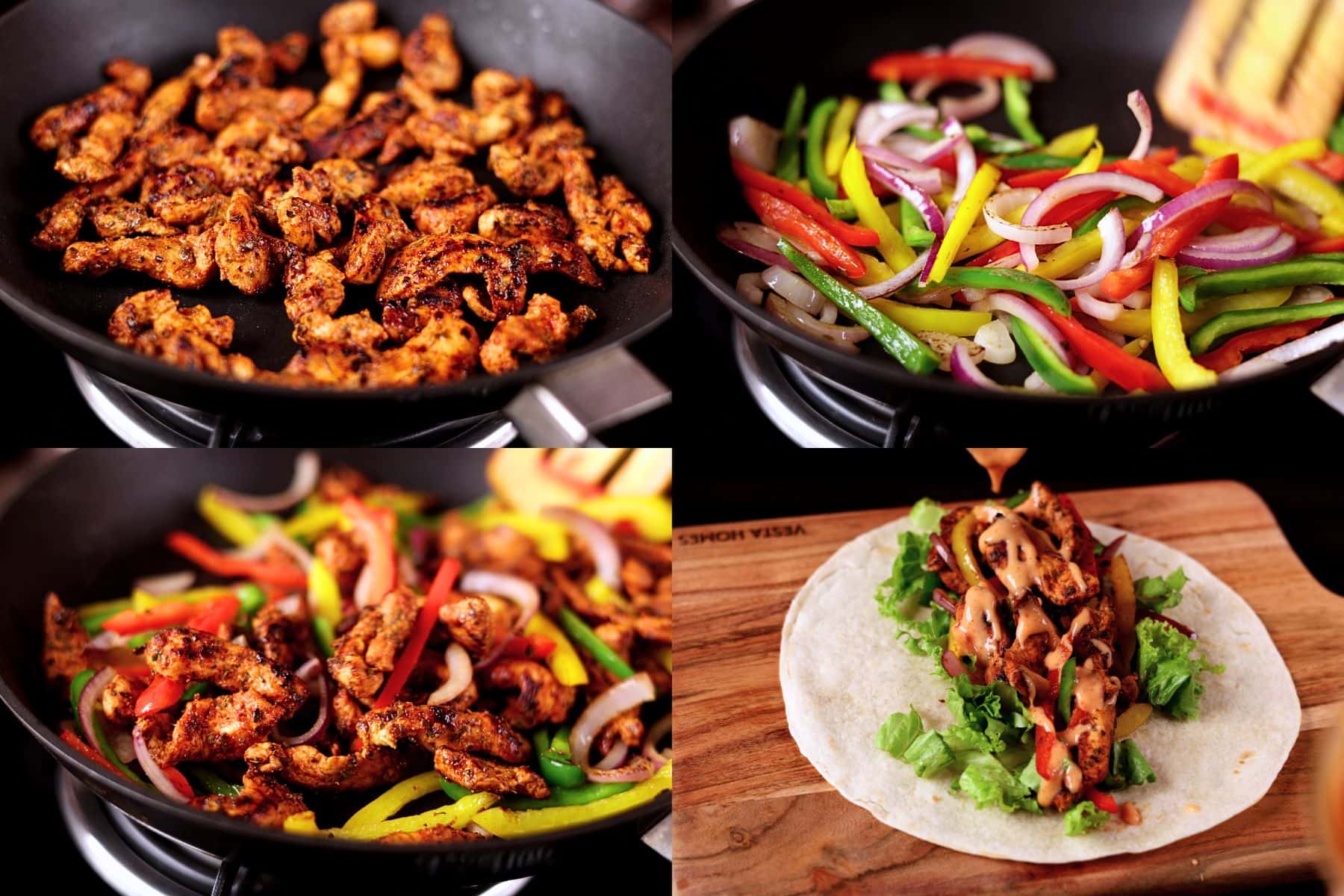 Step-by-step collage showing the chicken searing on all sides, cooking the vegetables, and assembling the chicken fajita wraps.