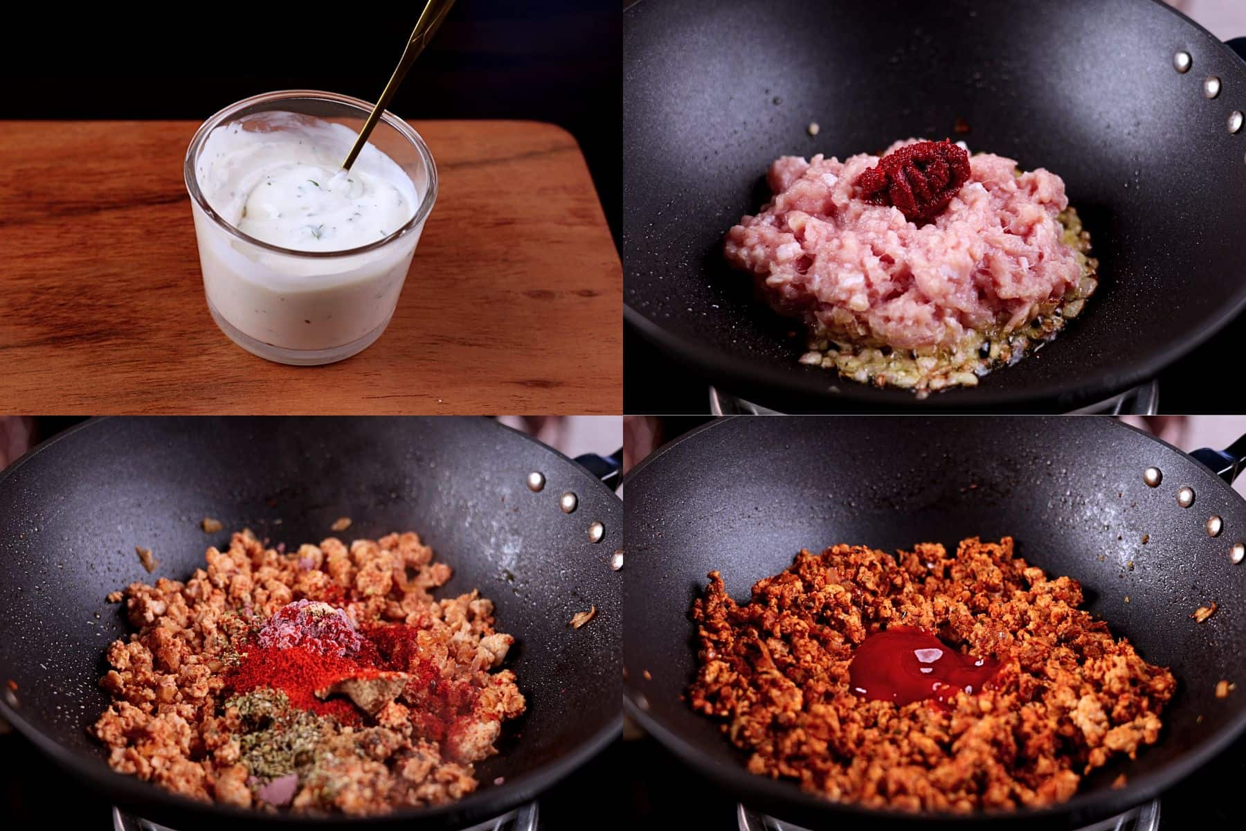 Preparing the creamy garlic sauce and cooking the ground chicken filling.