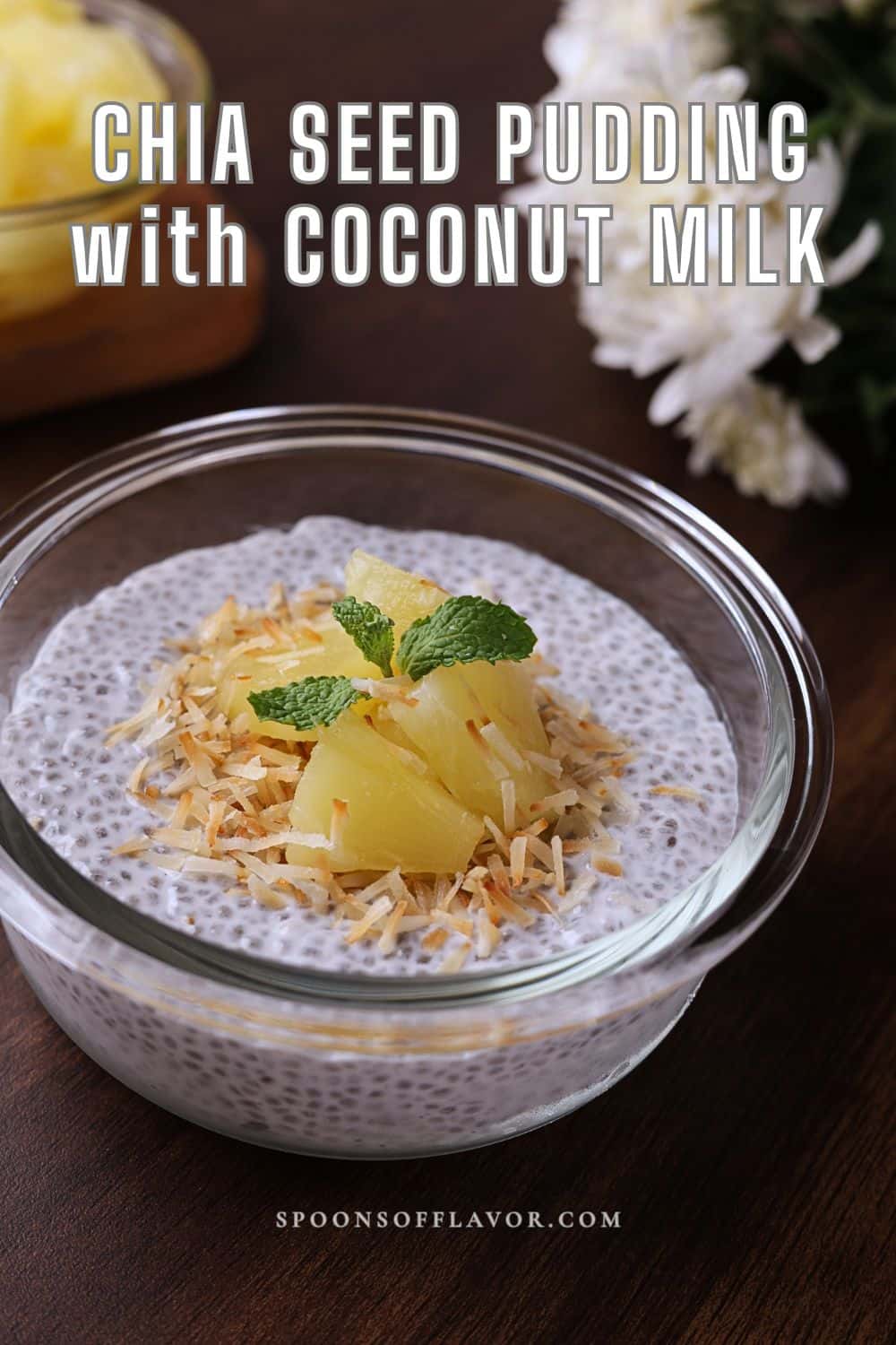 Coconut milk chia seed pudding served in a glass bowl.