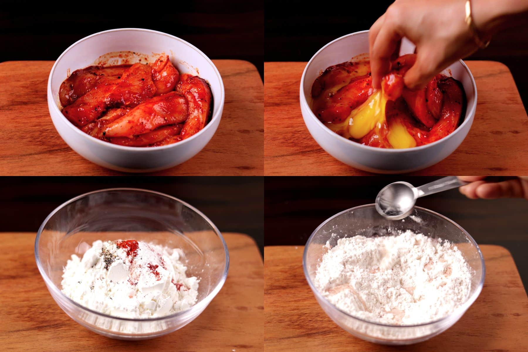 Marinating chicken, mixing the egg, and preparing the flour coating for honey sriracha chicken tenders.