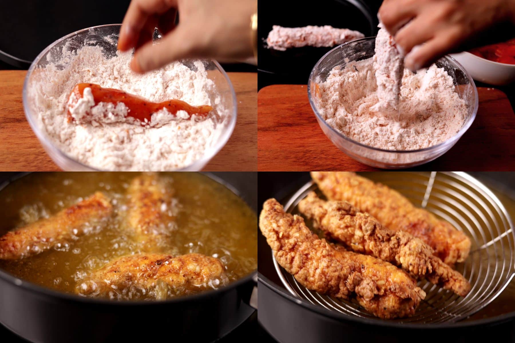 Coating chicken tenders in the flour mixture before frying them until crispy.