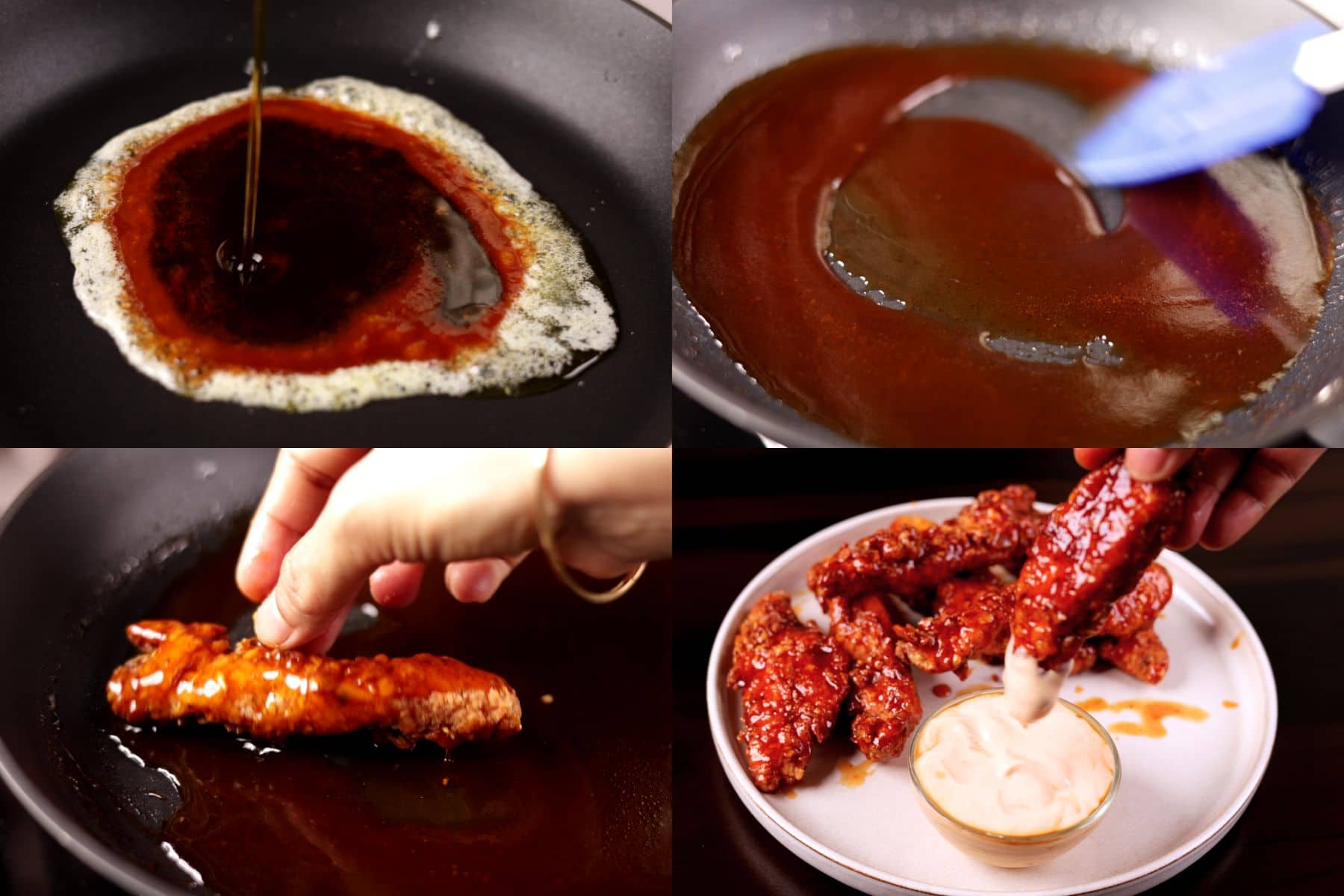 Preparing the honey sriracha glaze and coating crispy chicken tenders in the sauce.