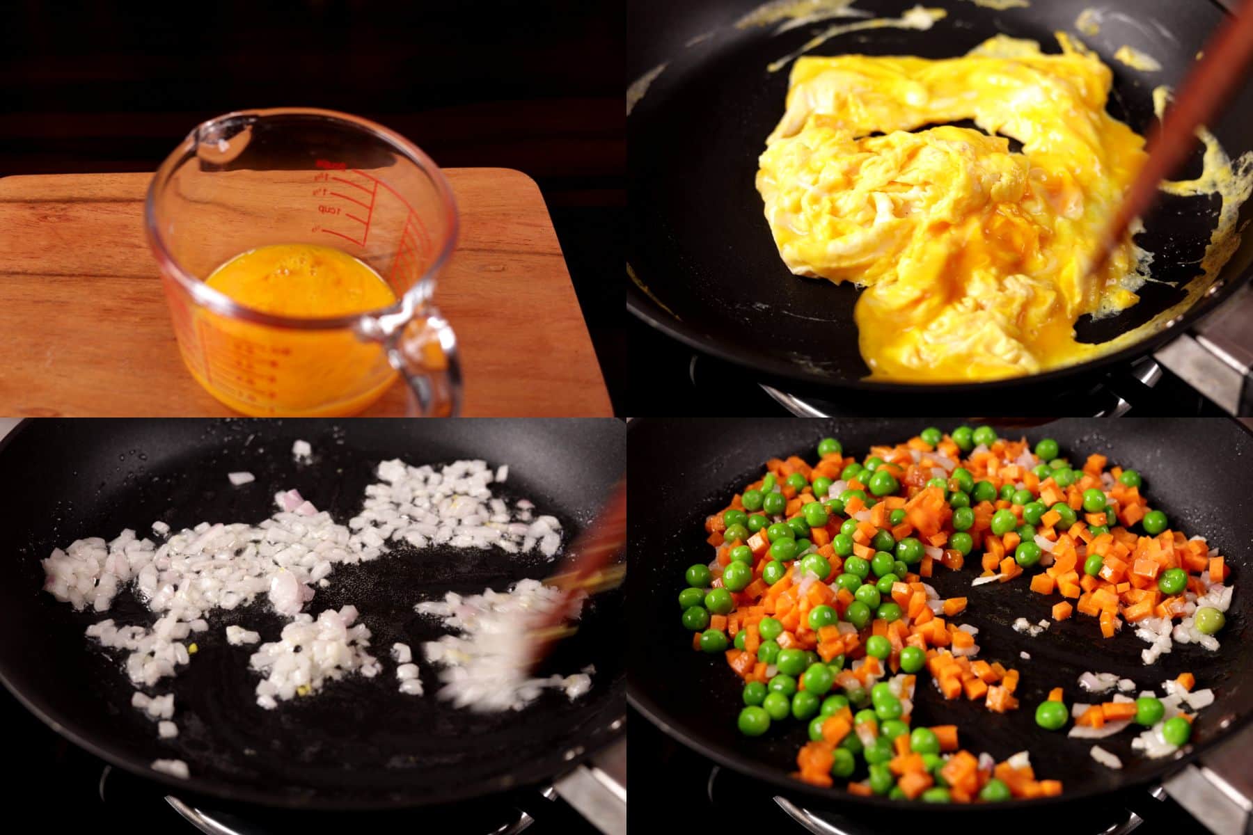 Step-by-step egg fried rice recipe showing beating eggs, scrambling eggs, sautéing onion and garlic, and cooking carrots and peas.