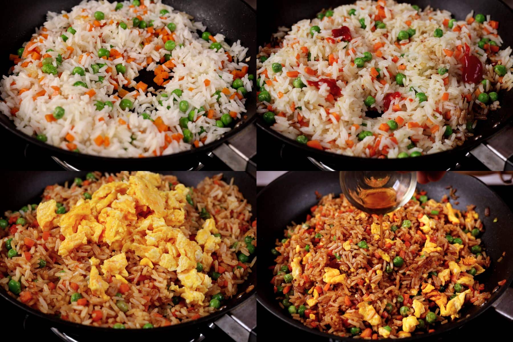 Step-by-step egg fried rice recipe showing stir-frying rice, adding sauces and seasonings, adding scrambled eggs, and finishing with toasted sesame oil and green onions.