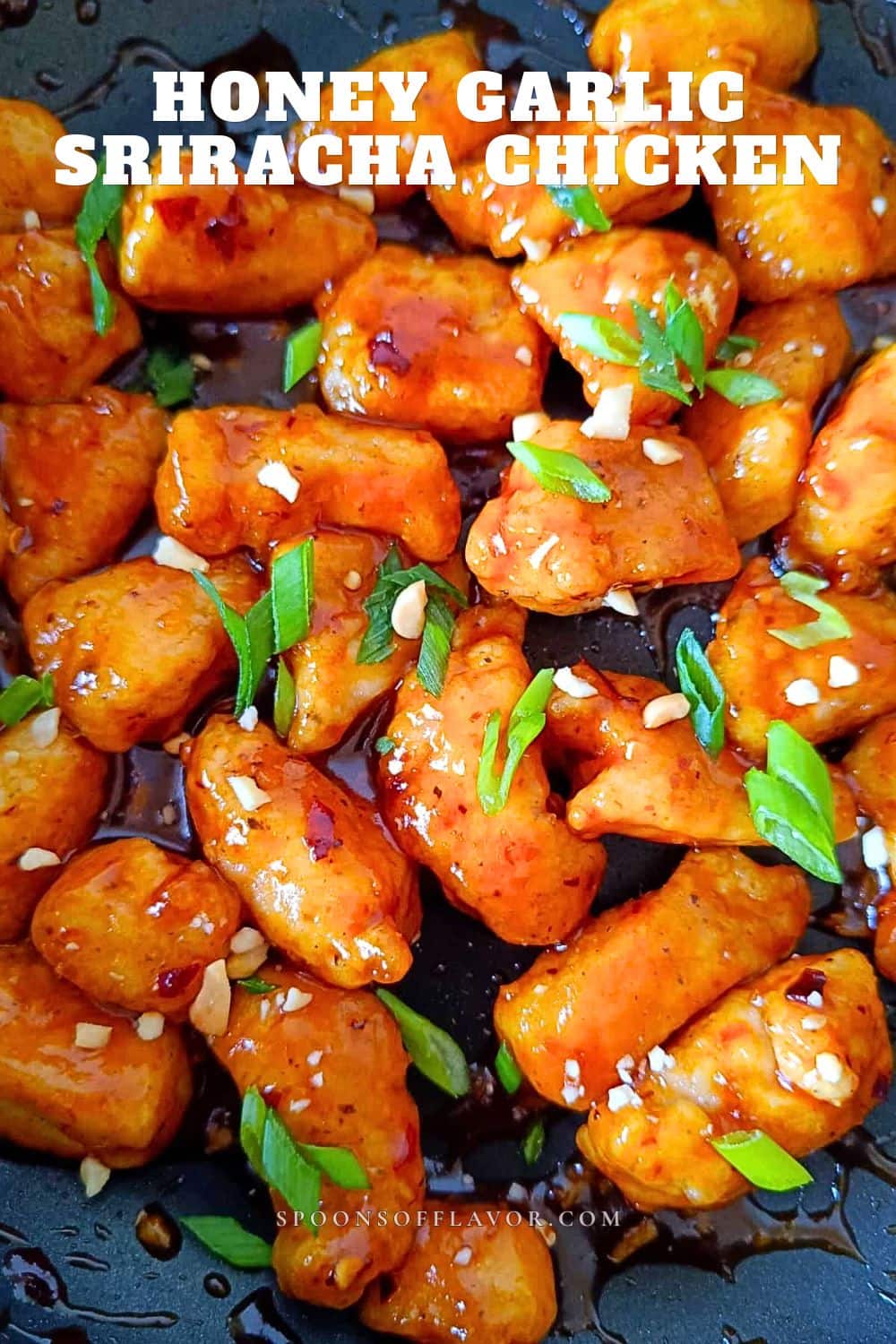 Honey garlic sriracha chicken in skillet.
