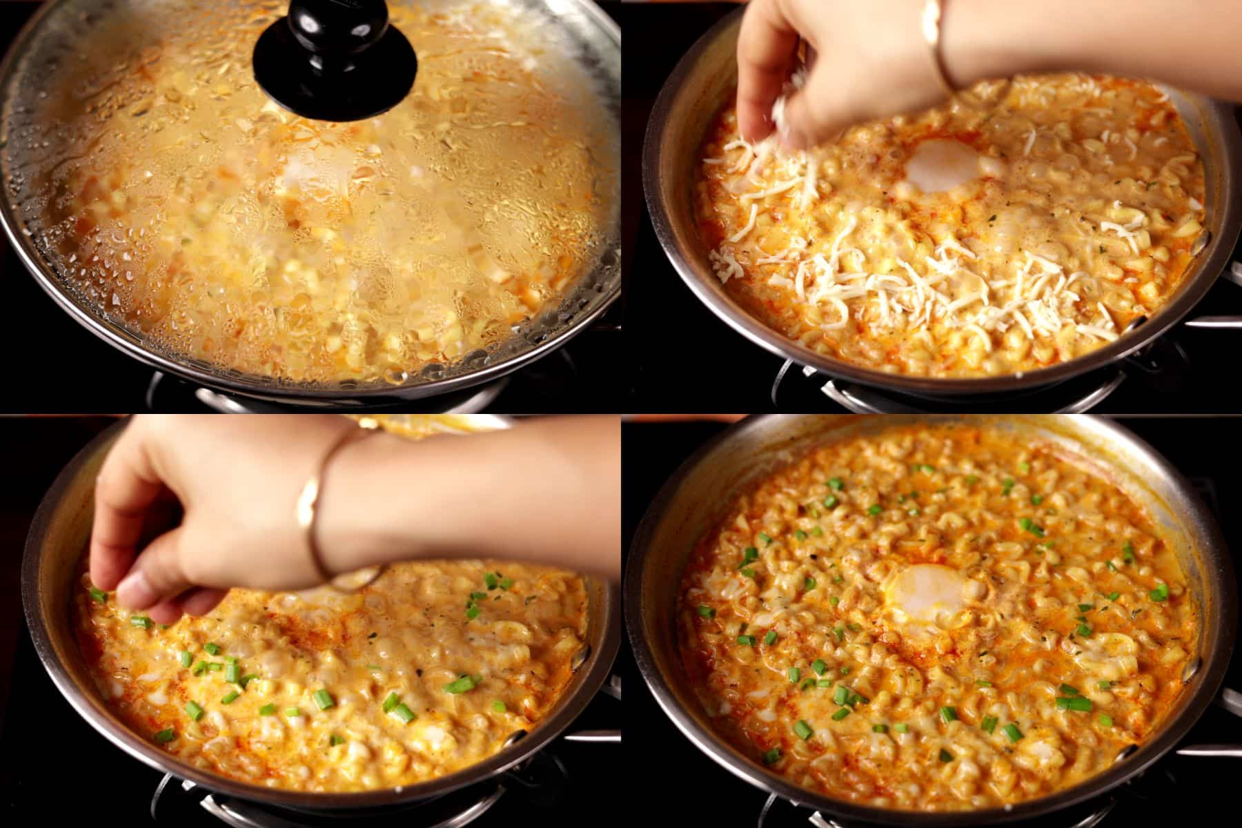 Step-by-step collage showing covering the noodles, adding mozzarella cheese, and garnishing with green onions.