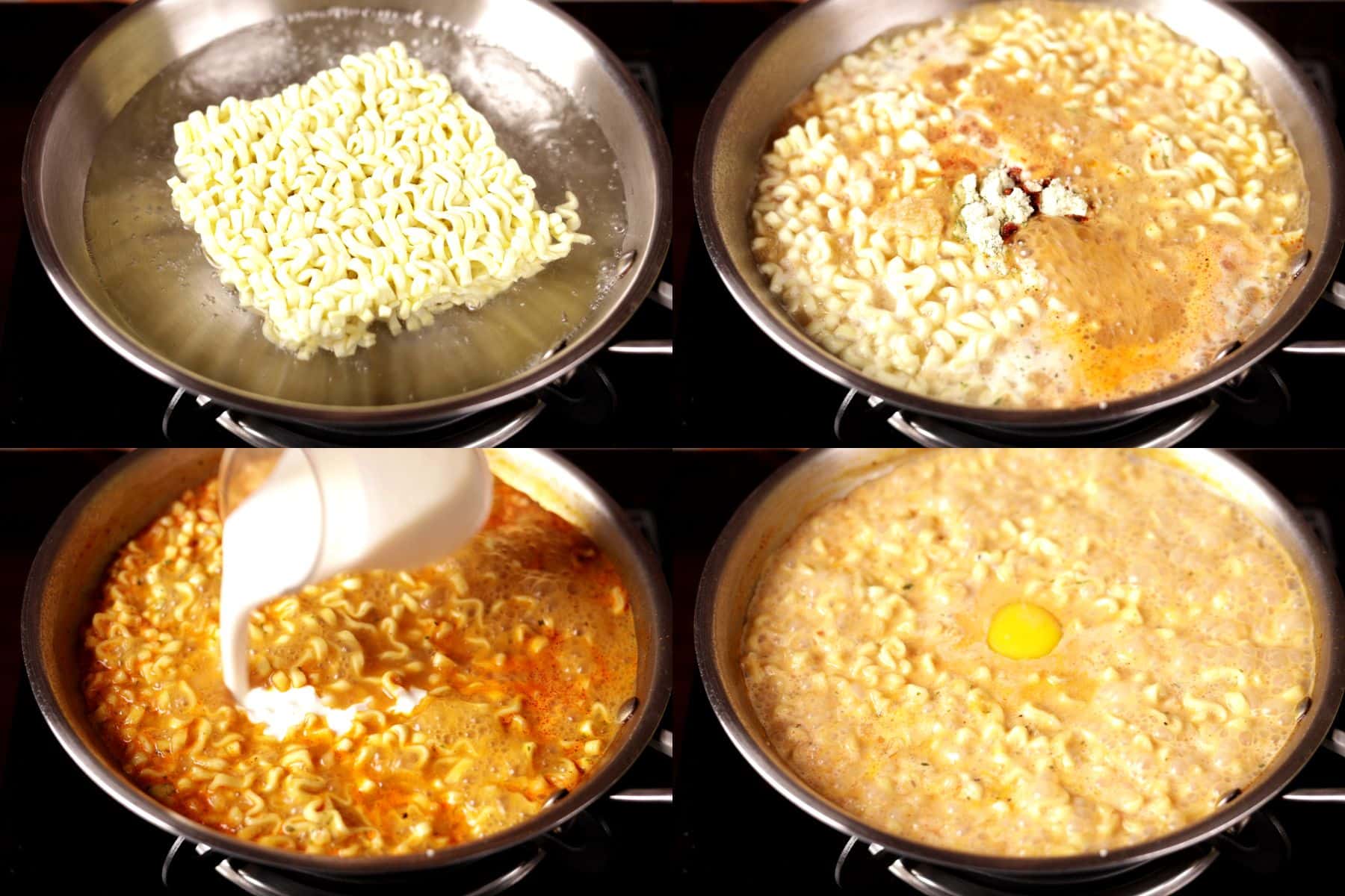 Step-by-step collage showing cooking Buldak noodles, adding seasoning and sauce, mixing in cream, and adding a cracked egg.