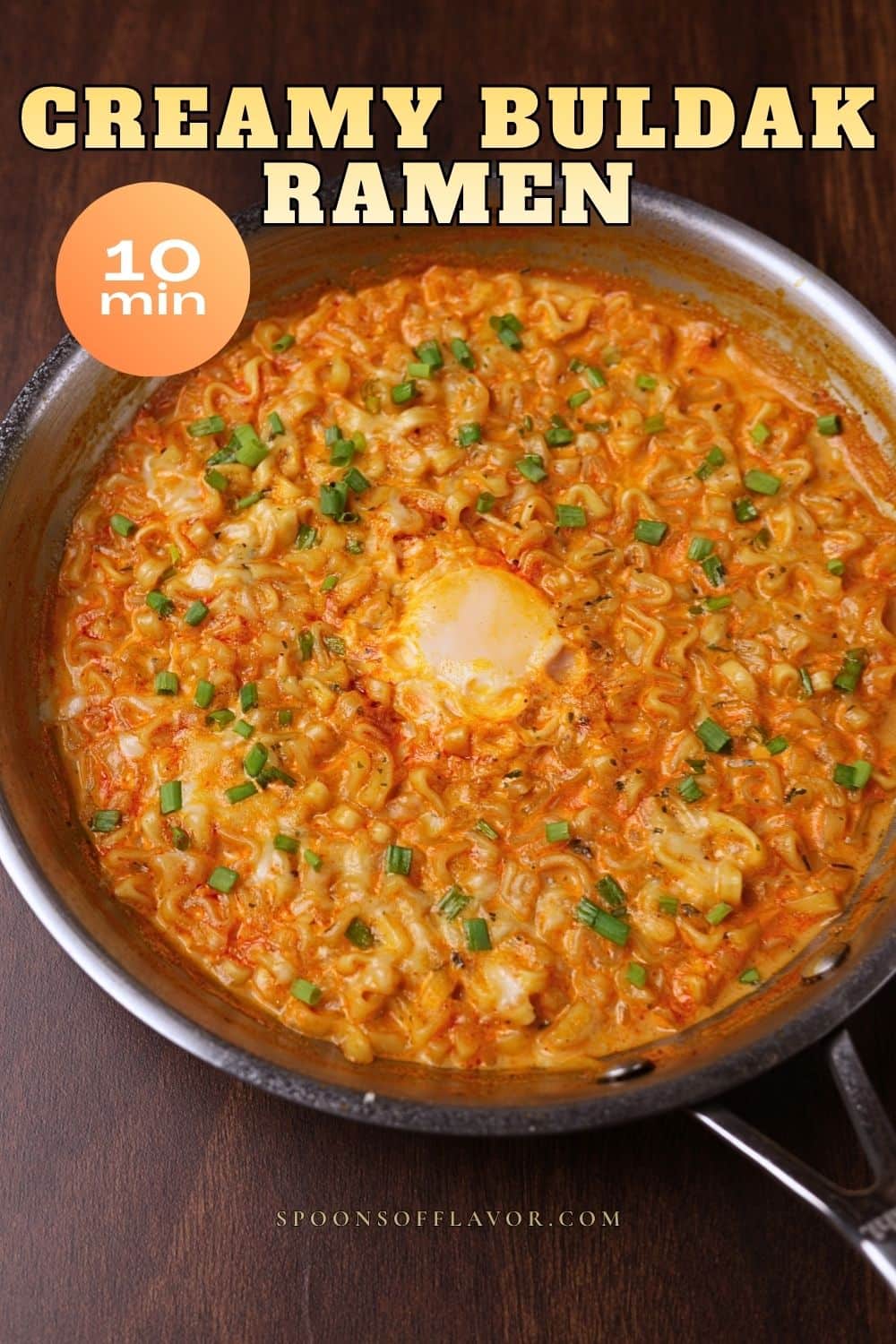 Creamy buldak ramen in pan.