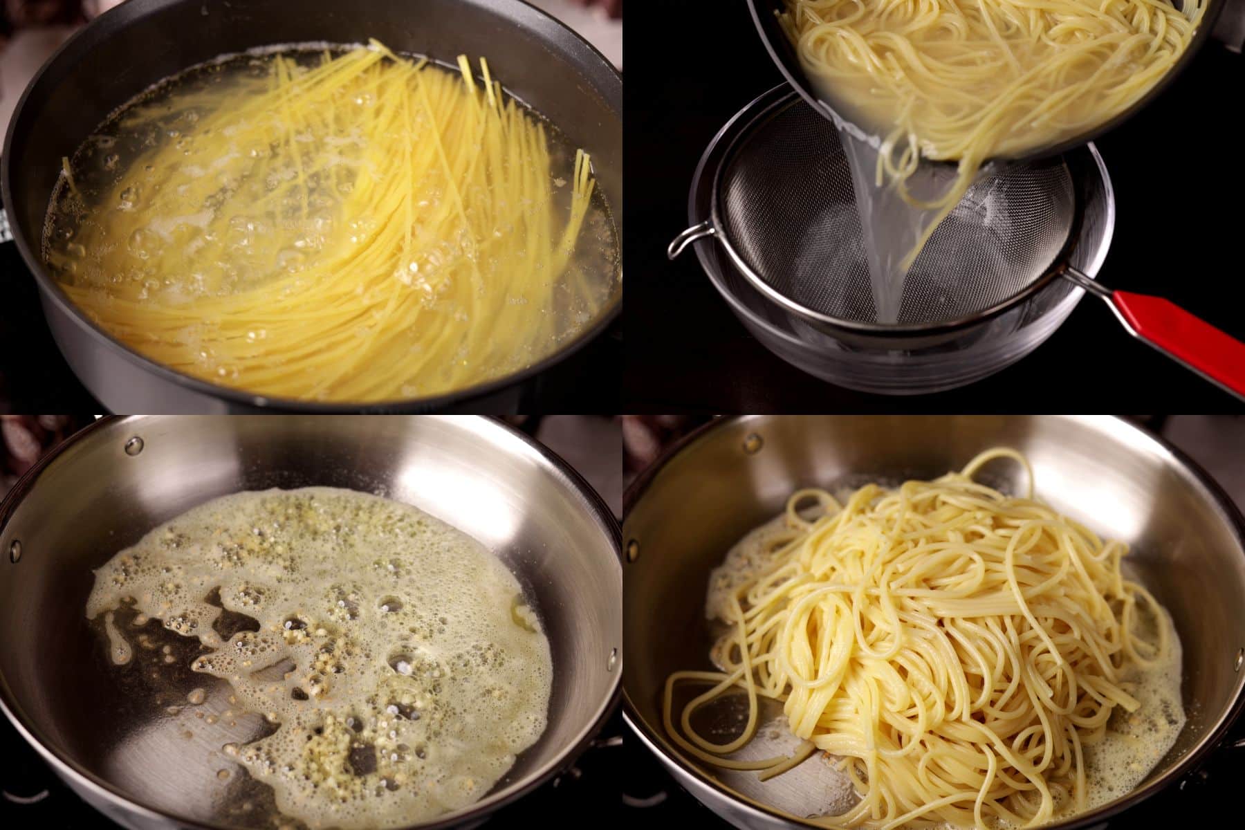 Hibachi noodles cooking process showing boiling and draining noodles, sautéing garlic in butter, and stir-frying noodles.