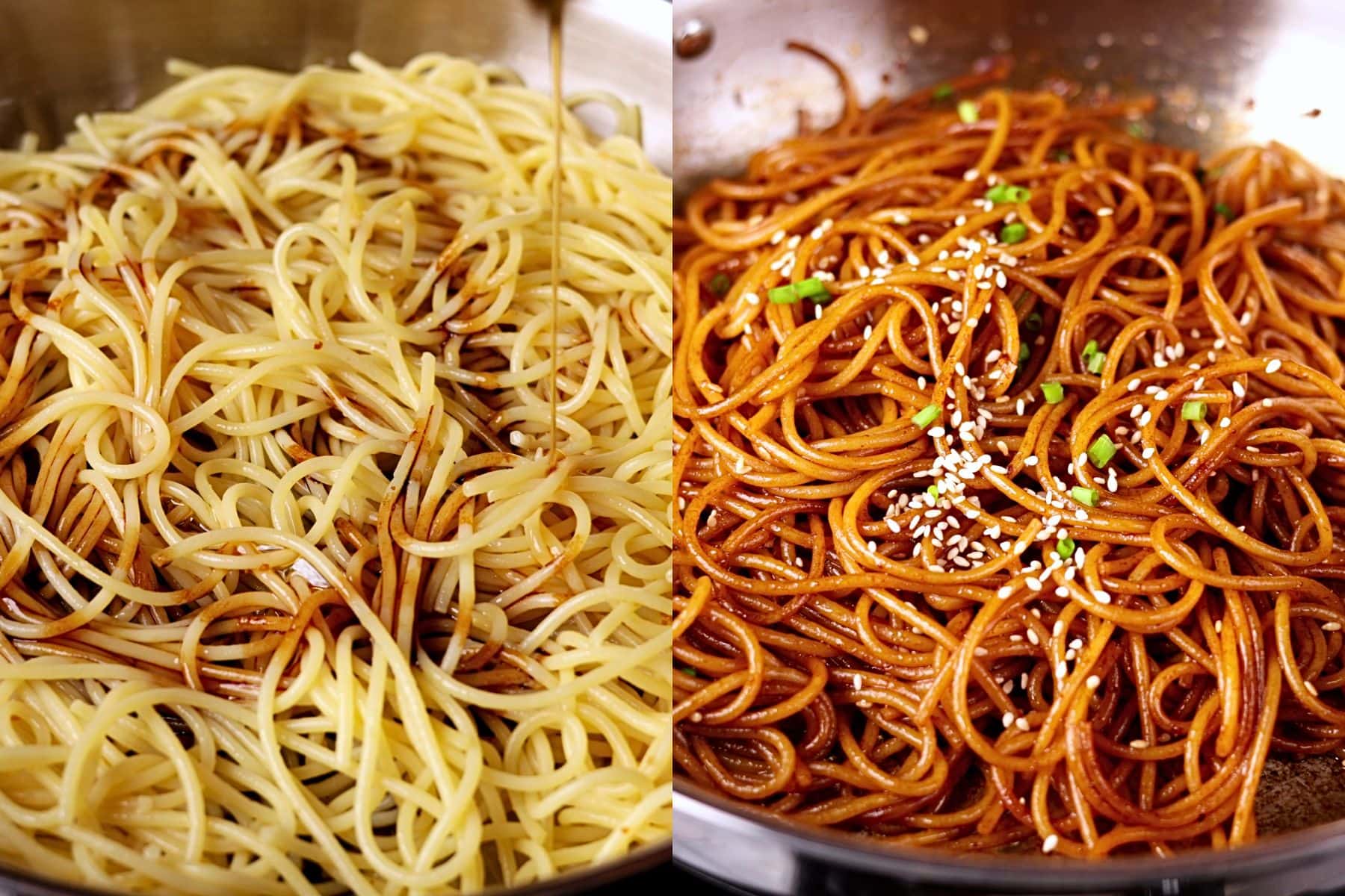 Hibachi noodles cooking process showing sauces and seasonings added, toasted sesame oil drizzled over the noodles, and garnished with green onions and sesame seeds.