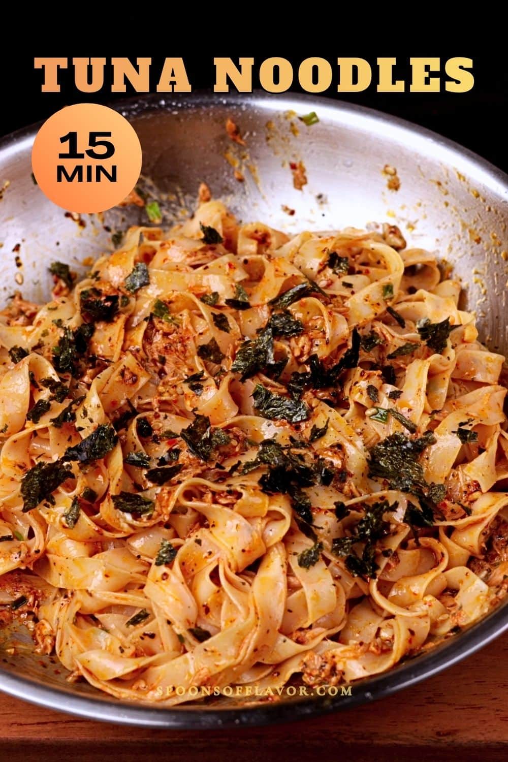 15-minute tuna noodles with canned tuna and creamy sauce in a pan.