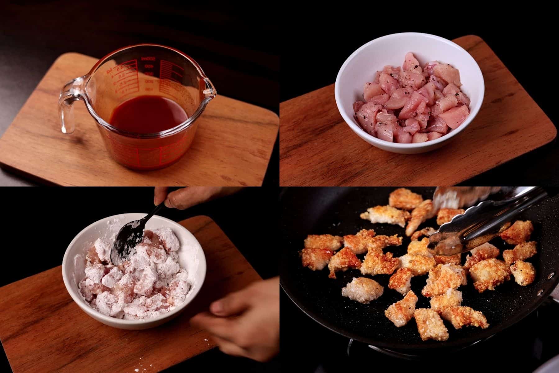 Step-by-step images showing mixing the sauce, seasoning chicken with salt and pepper, coating chicken with cornstarch, and cooking the chicken.