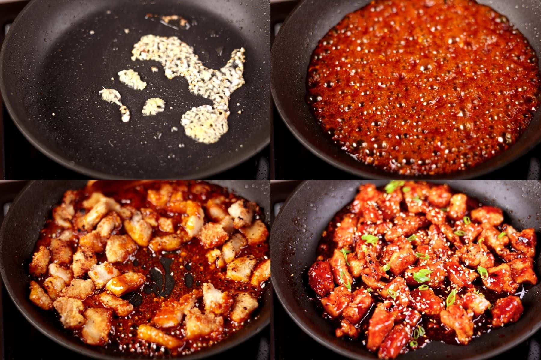 Step-by-step images showing sautéing ginger and garlic, adding the sauce and letting it bubble, adding the chicken, and garnishing with green onions and sesame seeds.