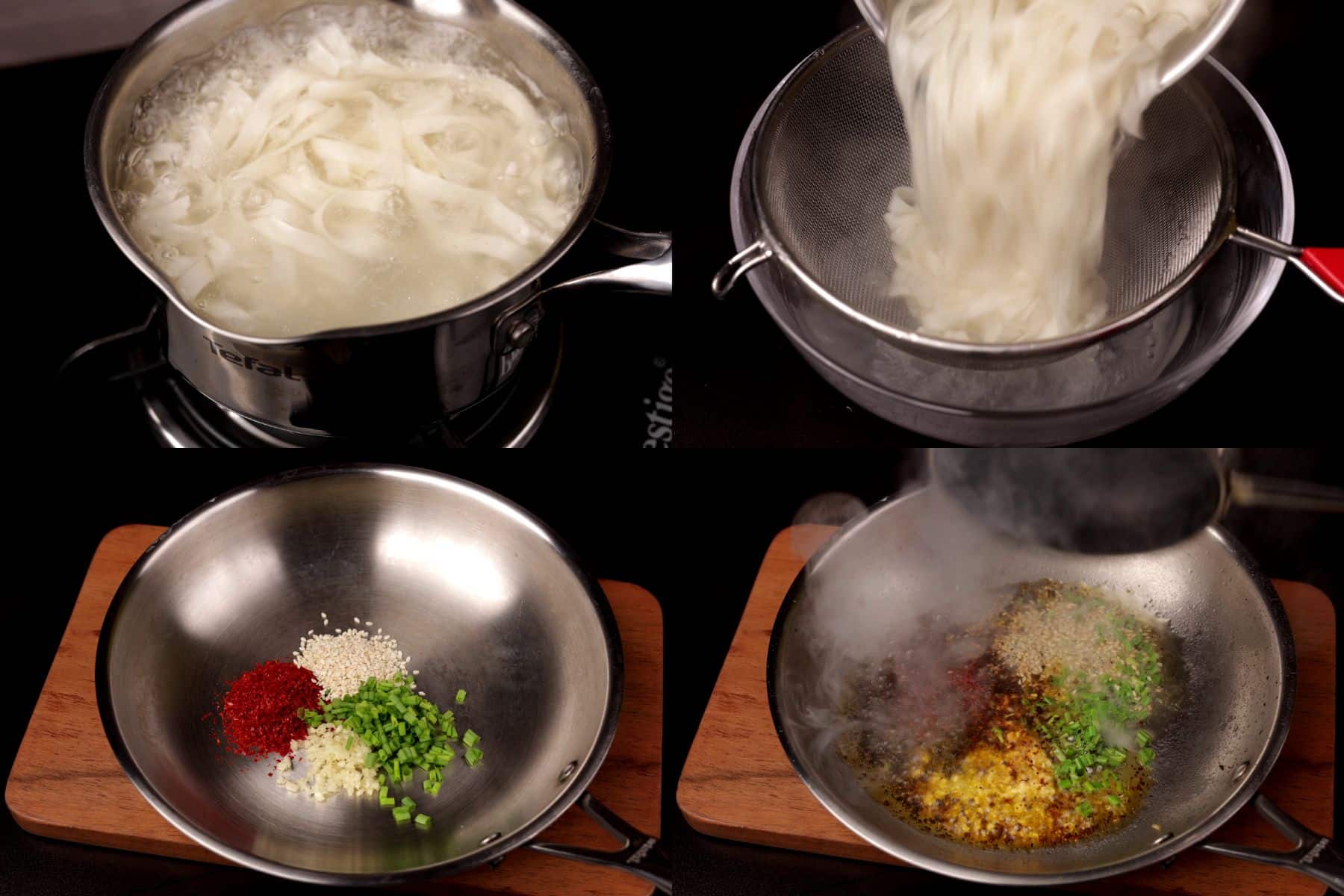 Cooking and draining noodles and making garlic chili oil for tuna noodles.
