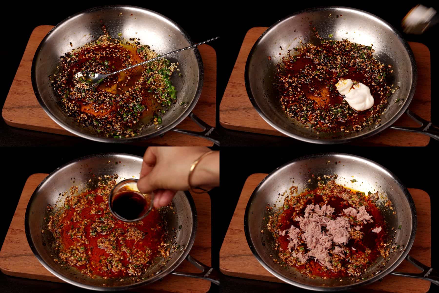 Making creamy sauce for tuna noodles with mayonnaise and soy sauce.