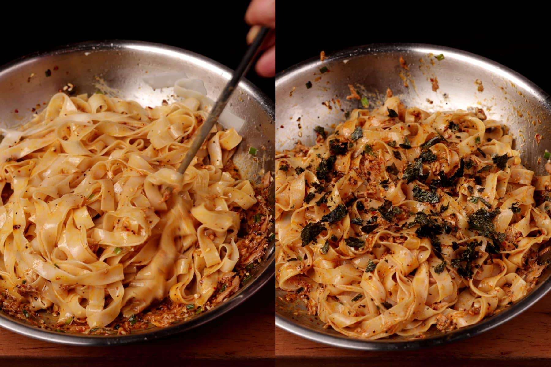 Mixing noodles with creamy sauce and adding toasted nori to tuna noodles.