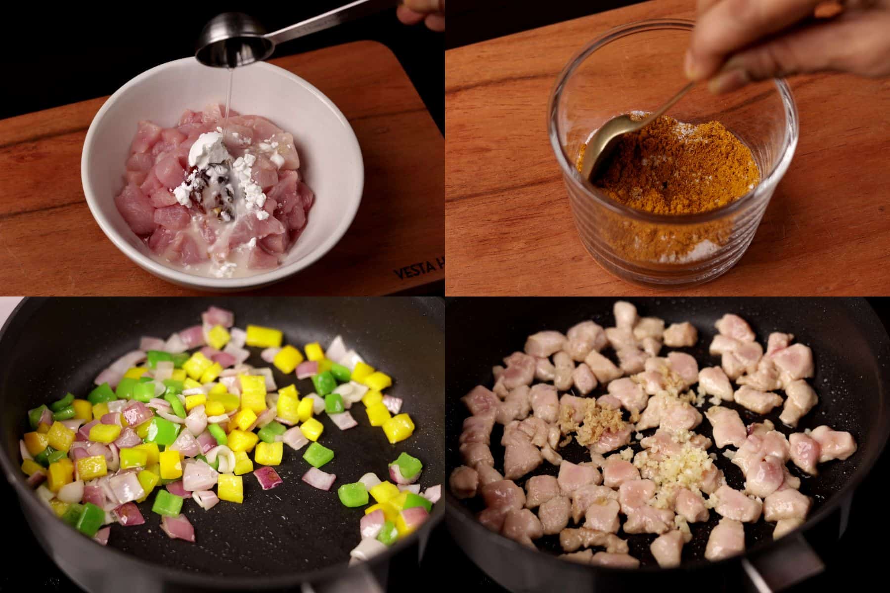 Steps 1–4 for curry chicken fried rice, showing marinated chicken, curry seasoning, stir-fried bell peppers and onion, and chicken cooking in a pan.