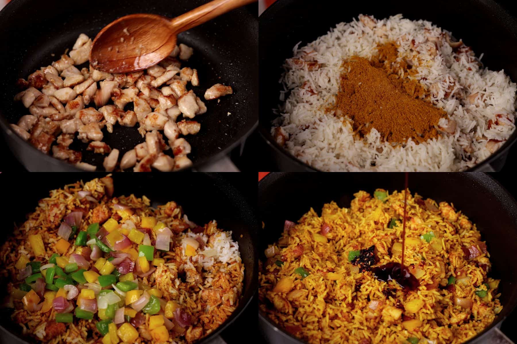 Steps 5–8 for curry chicken fried rice, showing rice tossed with chicken and curry powder, vegetables and sauces added, and green onions stirred in before serving.