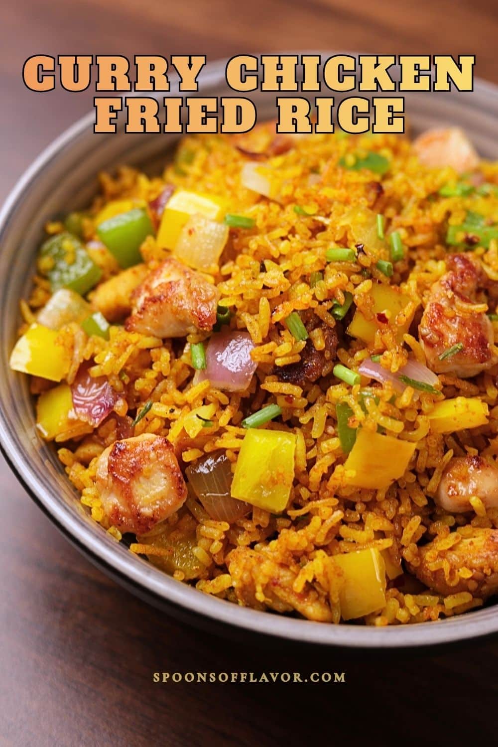 Curry chicken fried rice served in a bowl.